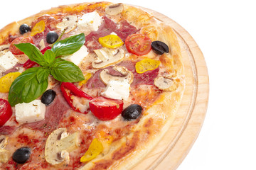Delicious pizza served on wooden plate isolated on white