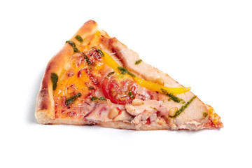 Slice of fresh italian classic original Pizza isolated on white background
