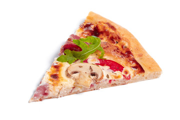 Slice of fresh italian classic original Pizza isolated on white background