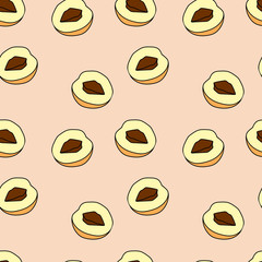 Seamless pattern of peach in cartoon style. Perfect for menu, card, textile, seasonal design