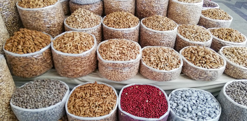 Sacks of dried fruit at the Samarkand market in Uzbekistan