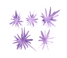 Fototapeta na wymiar Set of five purple sparkling stars painted in watercolor on clean white background