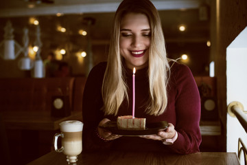 Lady plus size smile with cheesecake ,Cake lover,Women enjoy with her cake, eating  sweets , birthday day 