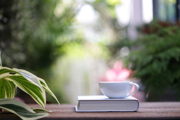 White cup with plant and notebooks