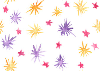 Seamless pattern with bright pink, yellow and purple stars painted in watercolor on white isolated background