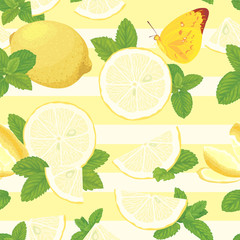 Seamless pattern with green mint leaves and lemon slice on graphic background template. Vector set of herbal element for advertising, packaging design of mint products.