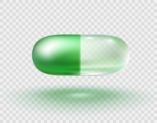 Pill or pharmacy herbal drug isolated on transparent background. Vector medicine green vitamin capsule template.