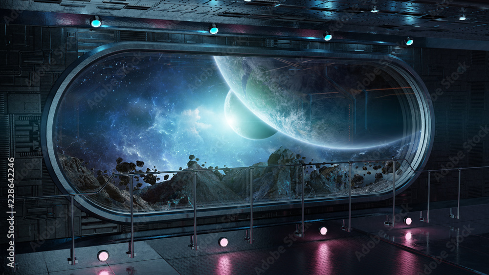 Wall mural black tech spaceship round window interior background 3d rendering