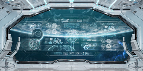 White spaceship interior with control panel digital screens 3D rendering