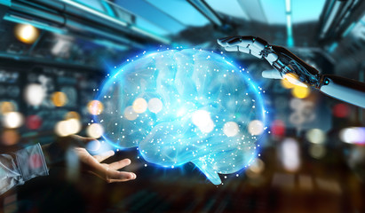 White man humanoid creating artificial intelligence 3D rendering