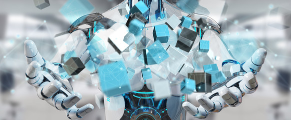 White cyborg using blue digital cube structure 3D rendering