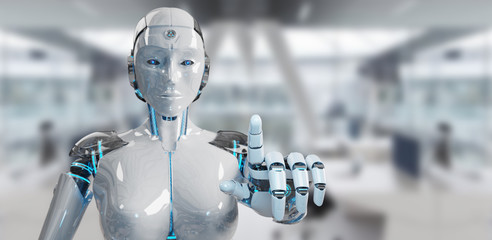 White woman cyborg pointing her finger 3D rendering