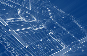Architecture design: blueprint plan - illustration of a plan modern residential building / technology, industry, business concept illustration: real estate, building, construction, architecture