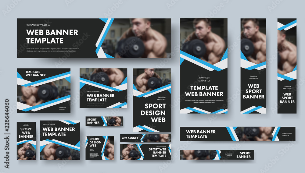 Poster Set of black vector web banners of different sizes with intersecting ribbons.