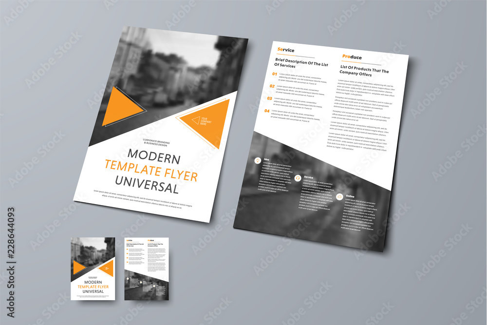 Poster Vector flyer design with triangular orange elements and space for photo.
