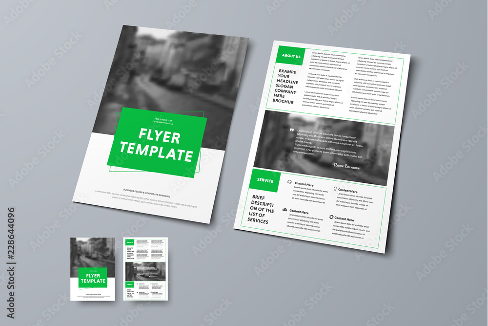 Poster Vector flyer design with rectangular green elements and stroke.