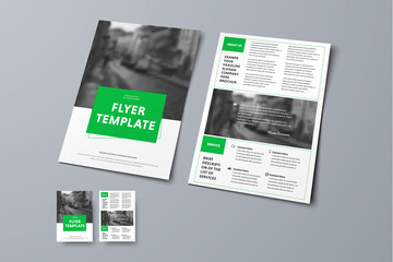 Vector flyer design with rectangular green elements and stroke.