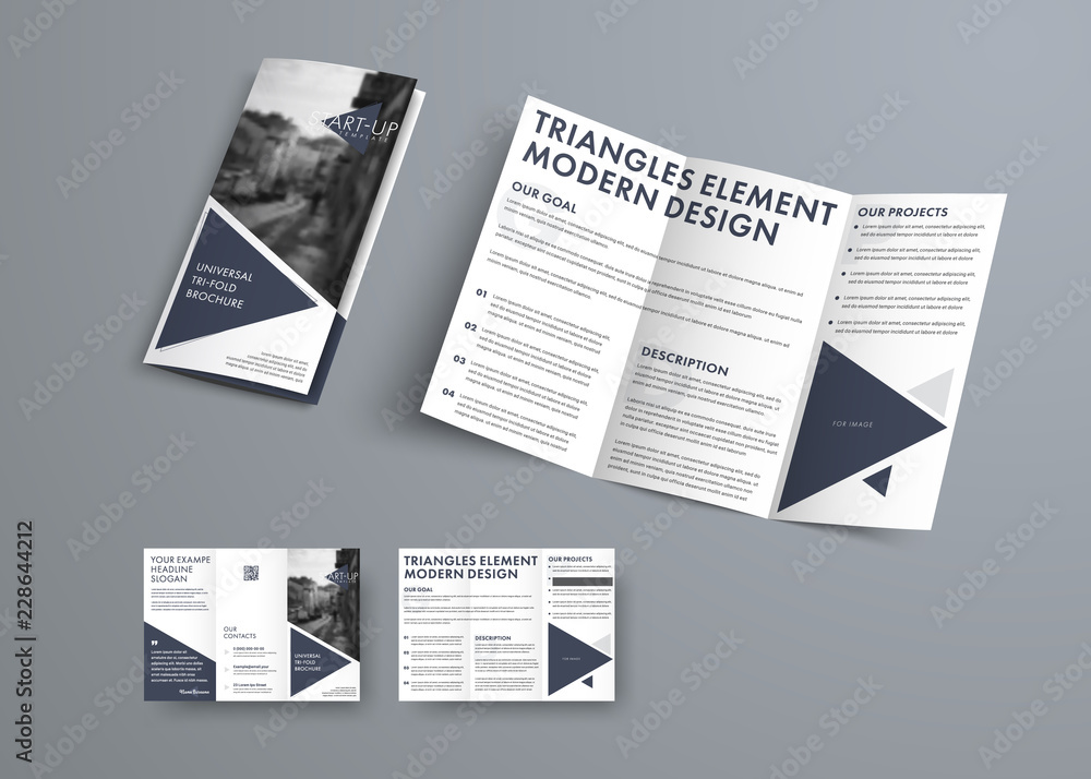 Poster Tri-fold brochure design in modern style with triangular elements and space for photo.