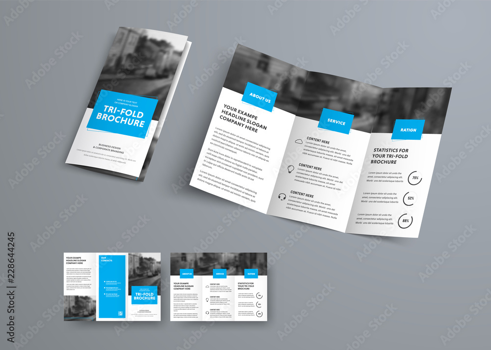 Poster Tri-fold vector brochure template with blue rectangular elements for headers.