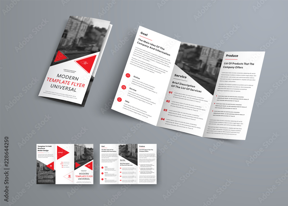 Aufkleber tri-fold brochure template in modern style with red triangles and space for photo.