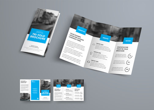 Tri-fold vector brochure template with blue rectangular elements for headers.