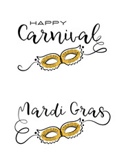 Set of Carnival Title. Handwritten lettering design with elegant golden mask. Vector illustration.