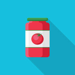 Tomato paste in glass jar flat icon with long shadow isolated on blue background. Simple tomato paste in flat style, vector illustration for web and mobile design.