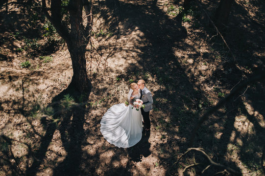 Beautiful newlyweds stand and cuddle in the forest. Wedding portrait of a young groom and cute bride. Wedding photography.