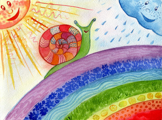 Rainbow, sun, snail and clouds. Illustration for children. Use printed materials, signs, objects, websites, maps, posters, postcards, watercolor painting.