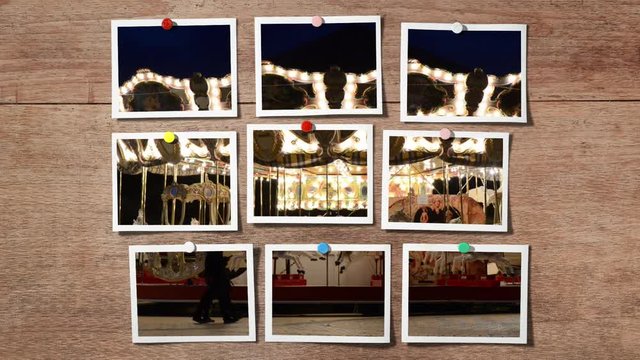 Instant photo on Wooden background and Instant photo on Wooden background and Merry-go-round in motion by night
