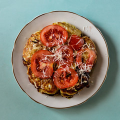 Baked tomatoes, Breakfast, tomatoes with parmesan, zucchini frit
