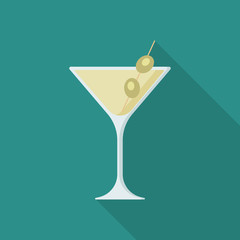 Martini flat icon with long shadow isolated on blue background. Simple alcoholic drink in flat style, vector illustration.