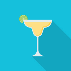 Margarita cocktail flat icon with long shadow isolated on blue background. Simple alcoholic drink in flat style, vector illustration.