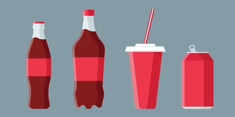 Foto op Plexiglas Set of soda drinks in flat style with long shadow isolated on grey background. Collection of paper cup, plastic and glass bottles vector illustration. © khagani_m