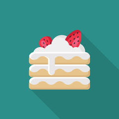 Cake with cream and Strawberry flat icon with long shadow isolated on blue background. Simple cake in flat style, vector illustration for web and mobile design. Bakery vector illustration.