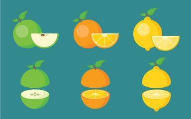 Set of fruits in flat style isolated on blue background. Collection of sliced ​​apple, orange and lemon vector illustration for web and mobile design. 