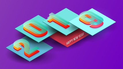 Happy new year design concept. Vector modern colorful number 2019 in isometric view. Minimalistic trendy illustration background for branding banner, cover, poster, card.