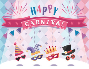 Happy Carnival. Colorful greeting card with festive elements. Flat design. Vector illustration. 