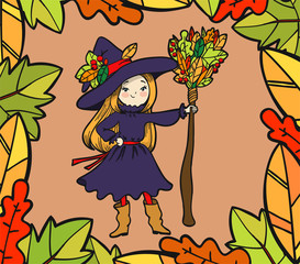 Cute little witch with a broom. Vector illustration.