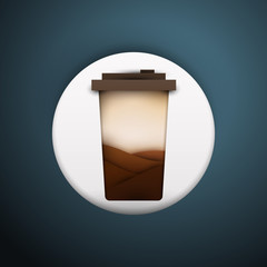 3d vector paper cut coffee composition with mug. Cartoon art illustration in minimalistic craft carving style. Modern layout colorful concept for background banner, cover, poster, card.