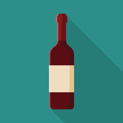 Wine bottle flat icon with long shadow isolated on blue background. Simple alcoholic drink in flat style. Can be used in banners, posters and restaurant menu.