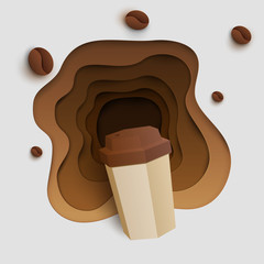 Obraz premium 3d vector paper cut coffee composition with mug and beans. Cartoon art illustration in minimalistic craft carving style. Modern layout colorful concept for background banner, cover, poster, card.
