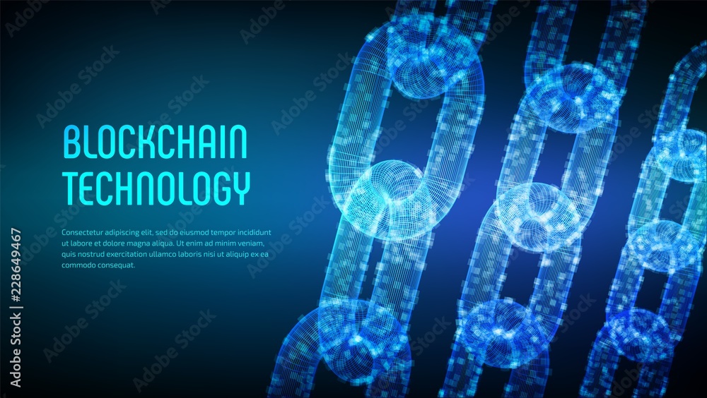 Poster Block chain. Crypto currency. Blockchain concept. 3D wireframe chain with digital blocks. Editable cryptocurrency template. Stock vector illustration.