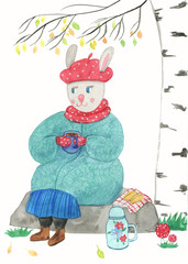 Cute bunny with cup of tea