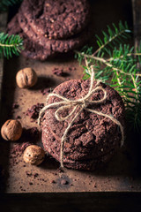 Brown chocolate cookies with nuts and spruce