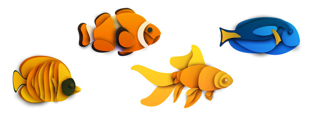 Set of cartoon exotic fish in trendy paper cut craft graphic style. Modern design for advertising, branding cover, poster, banner. Vector illustration.