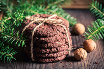 Brown chocolate cookies made of nuts and oats