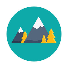 Mountains and trees flat icon isolated on blue background. Mountains symbol in flat style. Nature symbol Vector illustration for web and mobile design.