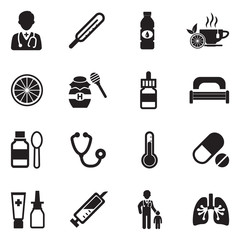 Flu Icons. Black Flat Design. Vector Illustration. 