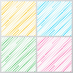 Set of abstract yellow, blue, green, pink dotted stripes diagonally pattern isolated on white background.